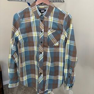 Duluth Trading Women's Medium AKHG Bitterroot LS Shirt | Yellow Blue Brown Plaid